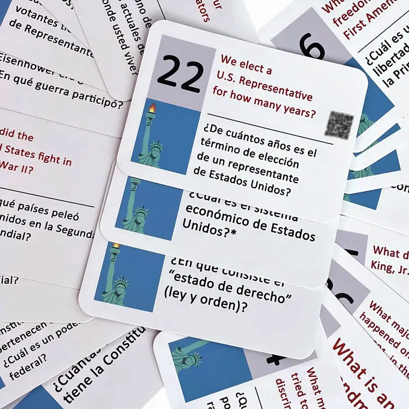 U.S. Civics Test Flash Card Combo Set (Bilingual Cards and Booklet: English/Spanish) with 100 Common Questions